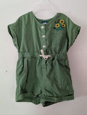 Short-Sleeve Green Utility Pocket Romper with Sunflower Embroidery 18-24M
